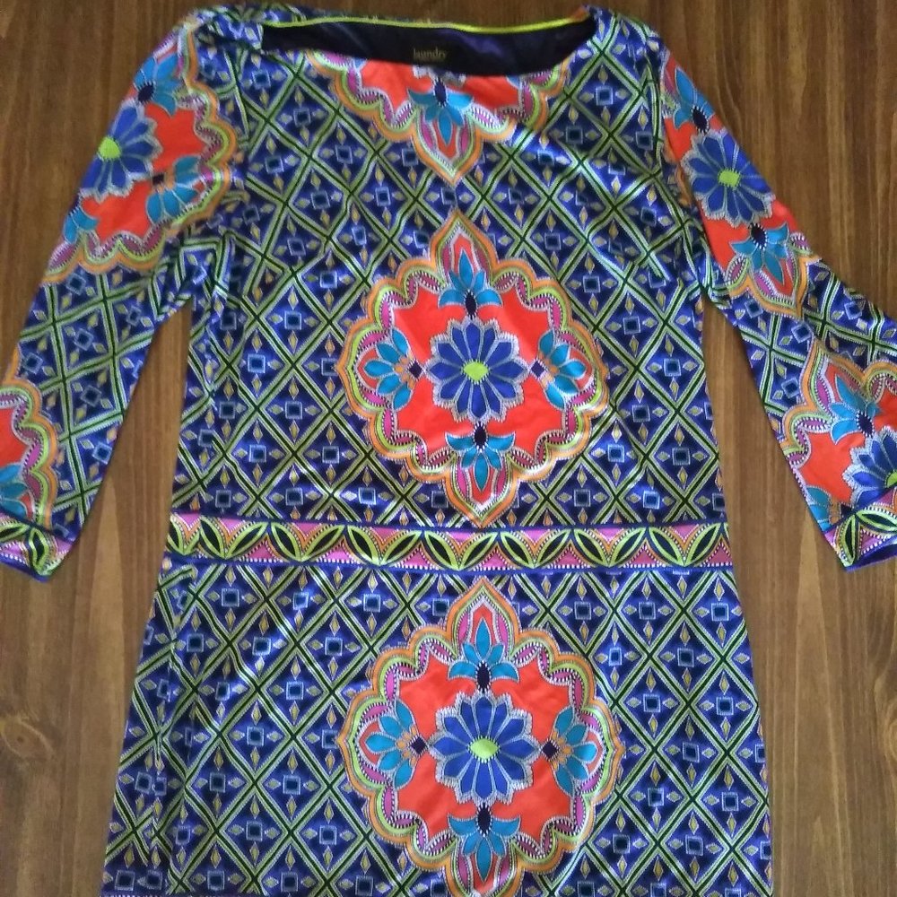 Blue and Green Intricate Print Dress by Shelli Segall. Size L
